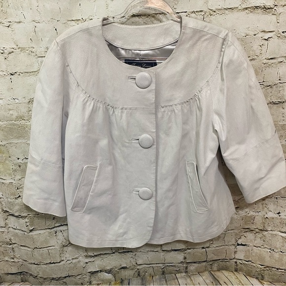 Terry Lewis Silver Light Gray Leather Boxy 3/4 Sleeve Swing Jacket - Picture 1 of 4